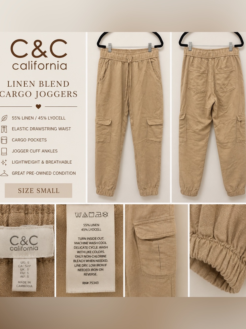 C&C California Tan Linen-Blend Cargo Joggers